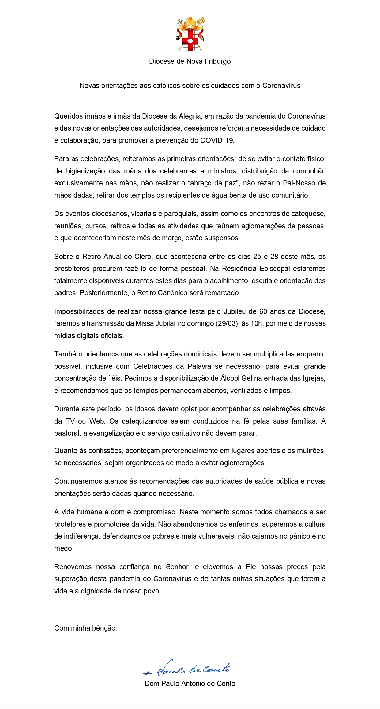 Nota Diocese de Nova Friburgo sobre o Coronavírus