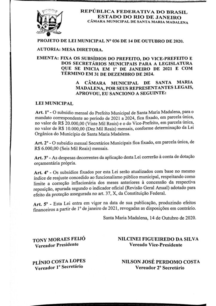 Projeto de Lei Municipal n036 - 14-10-20