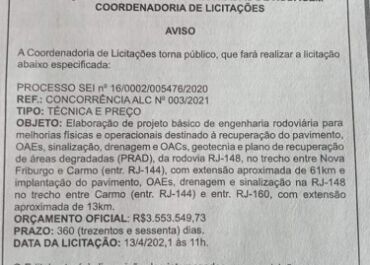 Licitação para obras na estrada Carmo-Influência, da RJ-144