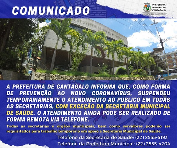 Prefeitura de Cantagalo suspende atendimento ao público