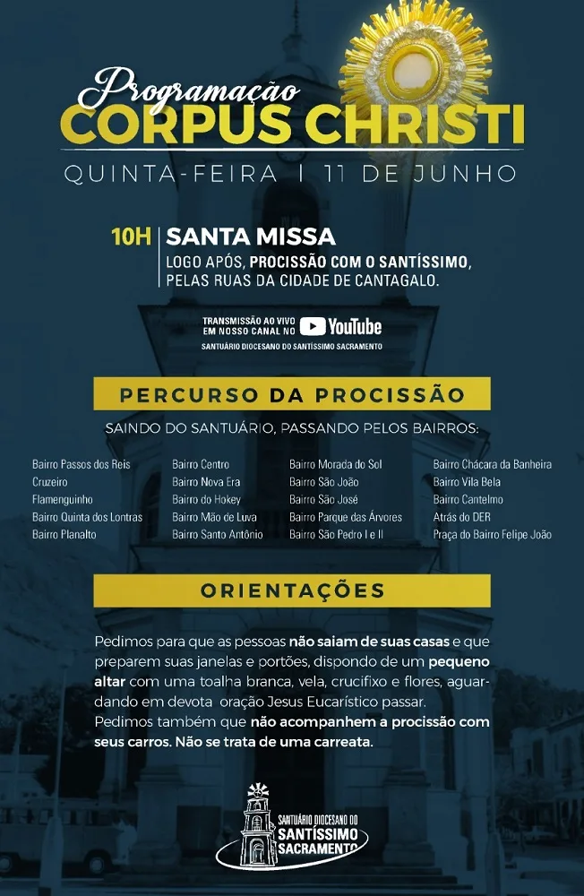 Programação do Translado de Corpus Christi 2020 em Cantagalo