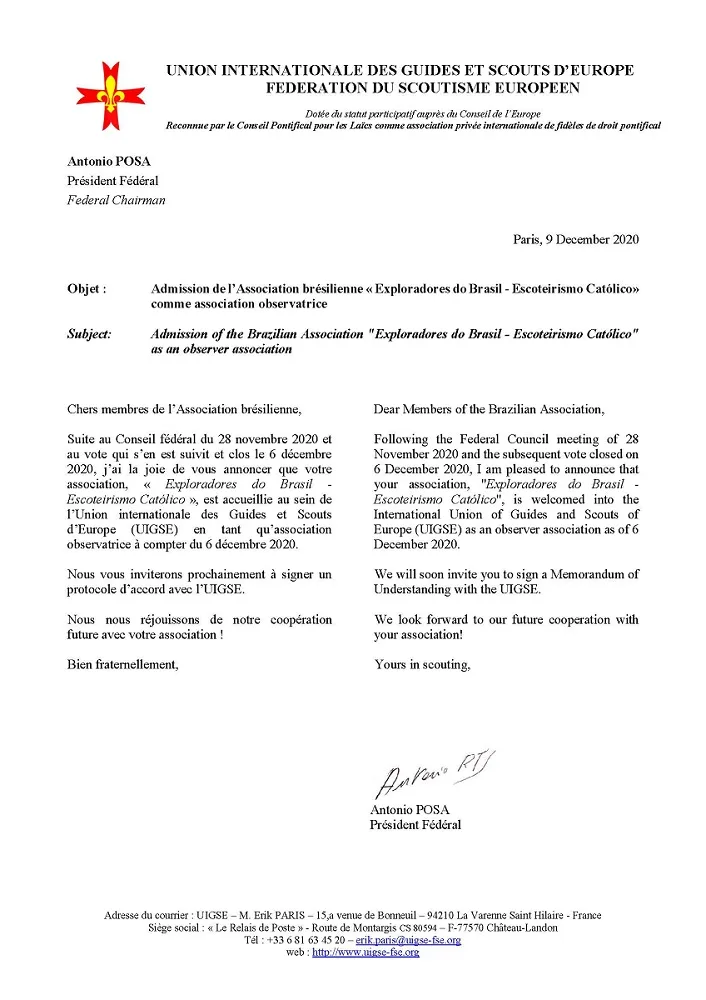 Documento de Admissão - Federação do Escotismo Europeu