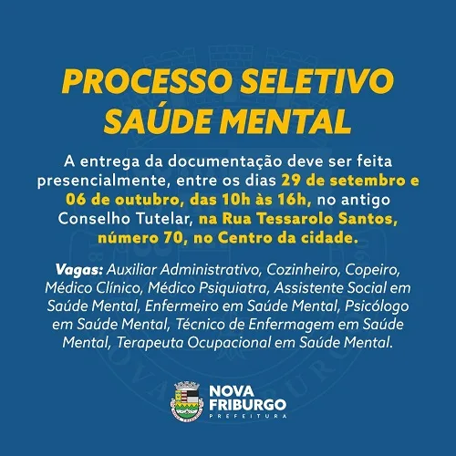 Prefeitura abre processo seletivo para contratação de profissionais para atuarem na saúde mental de Nova Friburgo