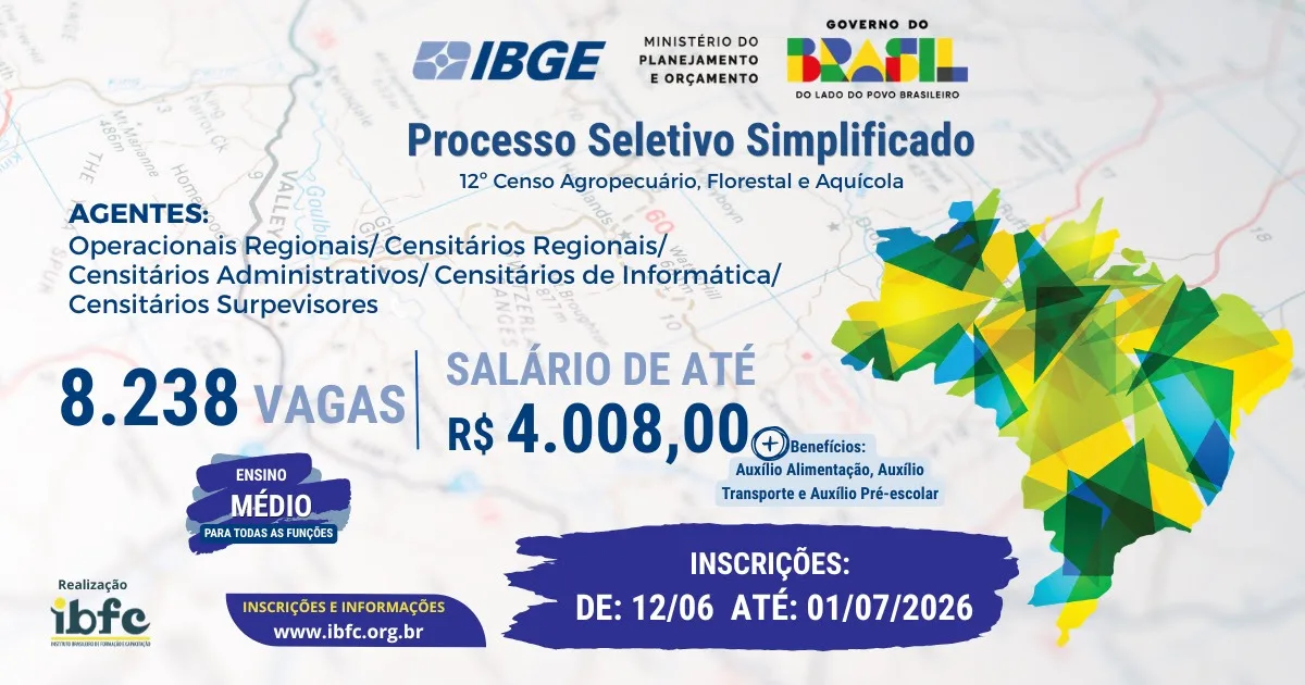 IBGE abre processo seletivo com 8.238 vagas temporárias de nível médio em todo o Brasil