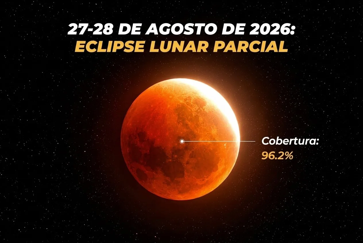 Como acompanhar o eclipse lunar quase total de 27–28 de agosto de 2026